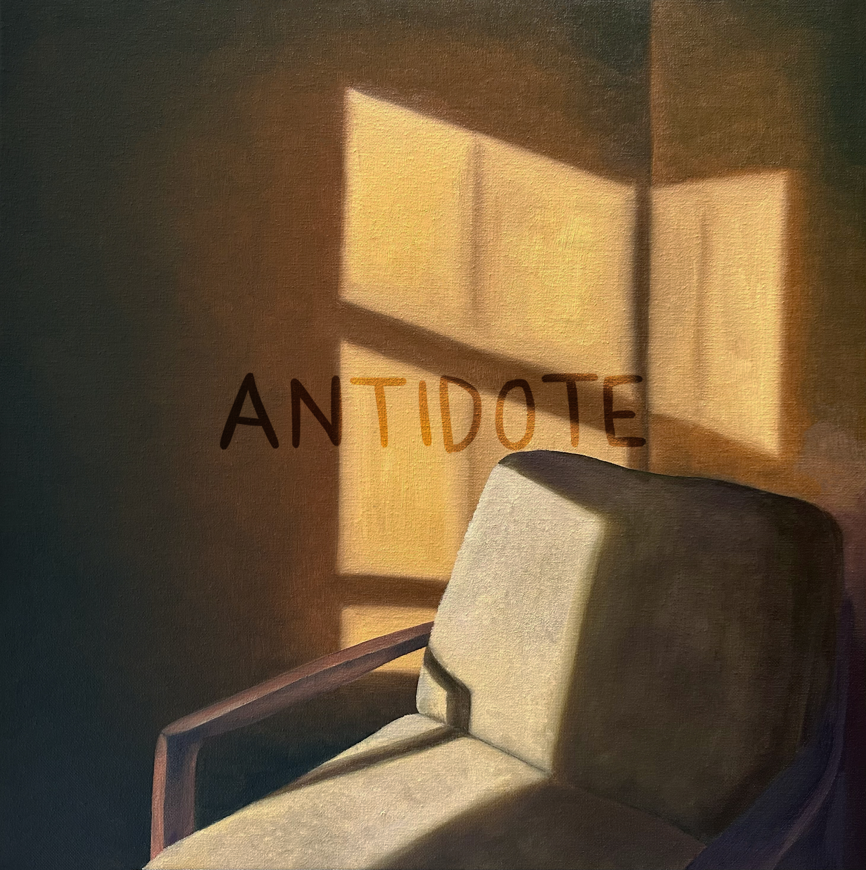 Painted album art of a chair in a window's light, for the Cherry Park EP, Antidote
