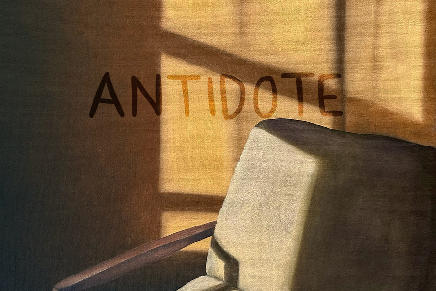 Painted album art of a chair in a window's light, for the Cherry Park EP, Antidote