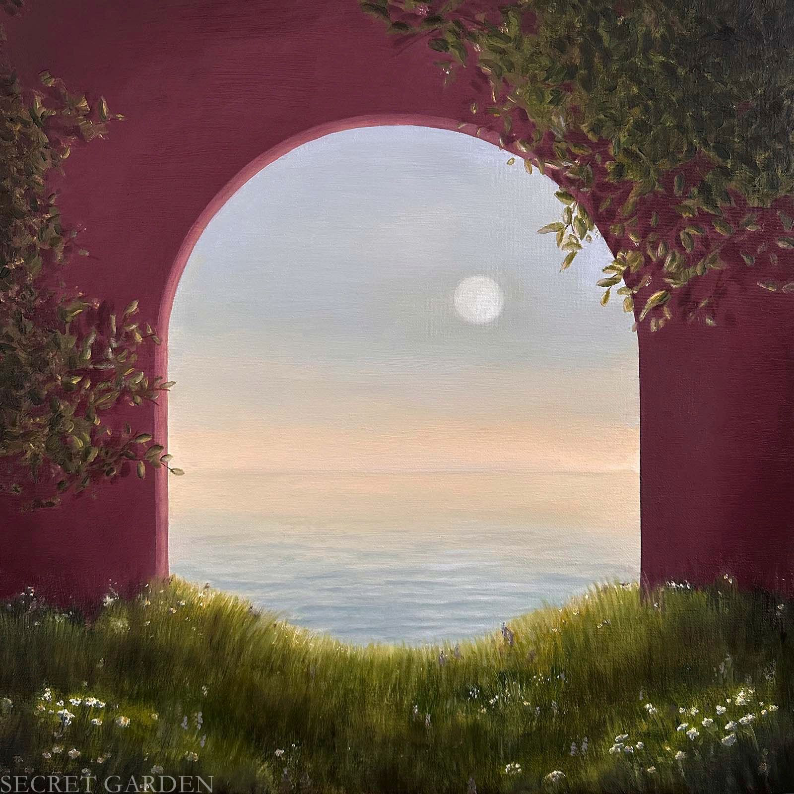 Painted album art of an archway leading to water with the moon over it, for the Cherry Park EP, Secret Garden