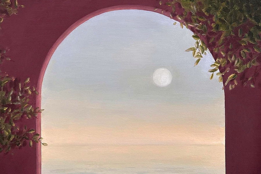 Painted album art of an archway leading to water with the moon over it, for the Cherry Park EP, Secret Garden
