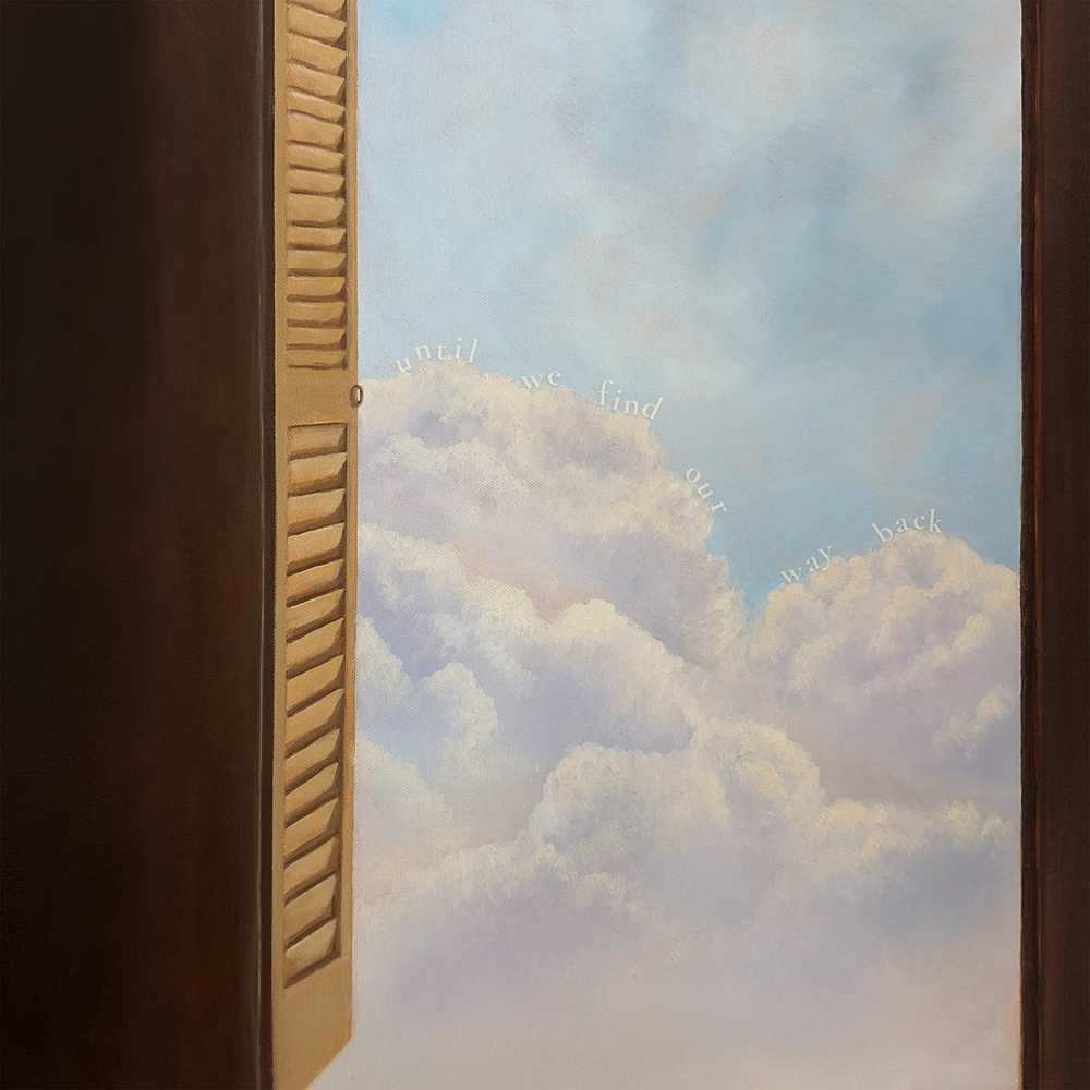 Painted album art of a door, open and leading to a bright, clouded sky for the Cherry Park EP, Until We Find Our Way Back