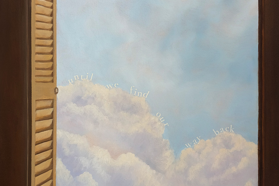 Painted album art of a door, open and leading to a bright, clouded sky for the Cherry Park EP, Until We Find Our Way Back