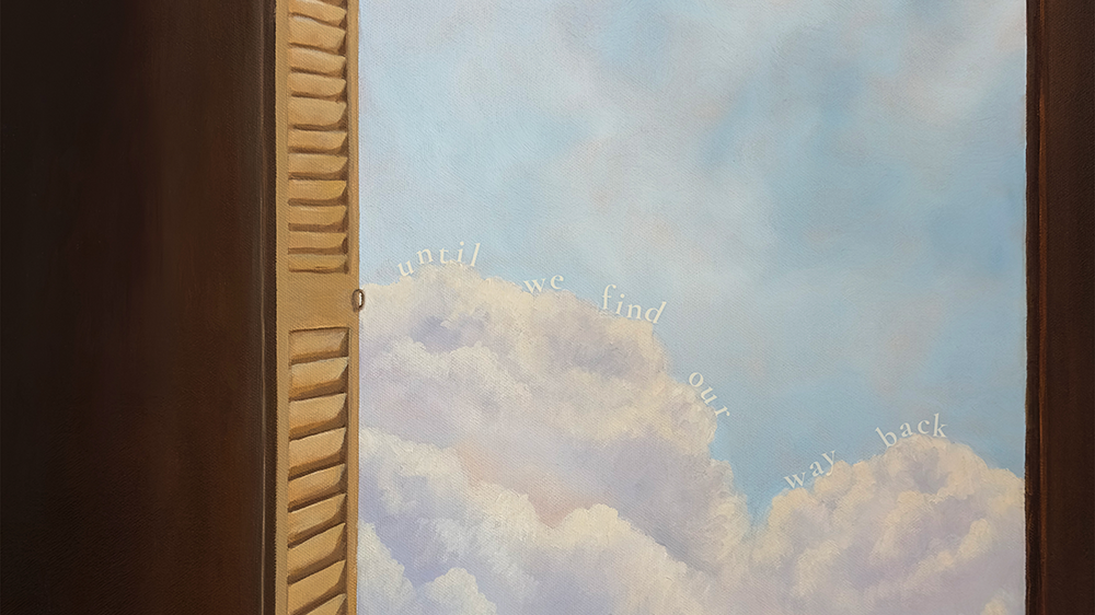 Painted album art of a door, open and leading to a bright, clouded sky for the Cherry Park EP, Until We Find Our Way Back